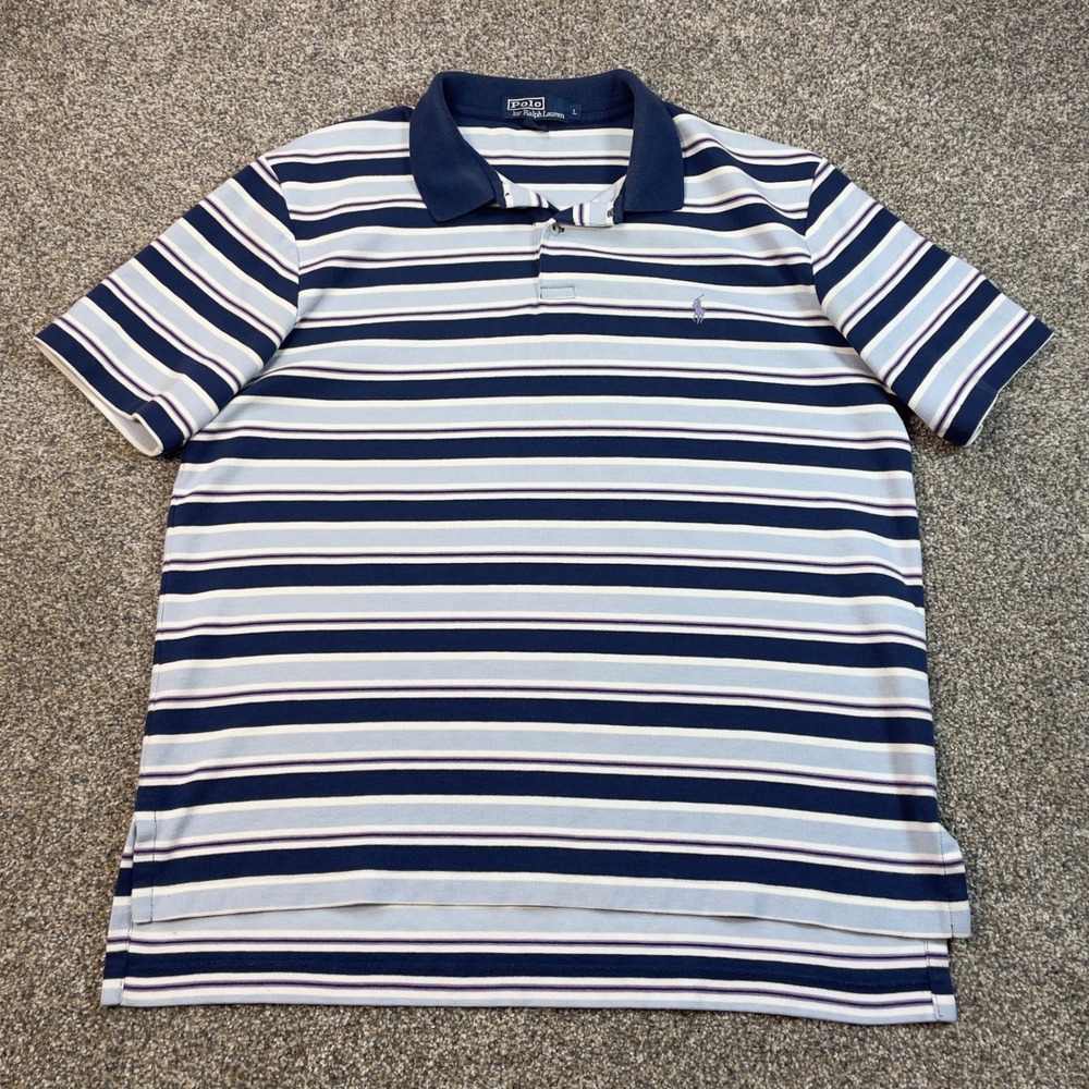 Polo Ralph Lauren Striped Polo Shirt Mens Large Blue White Purple Pony Cotton